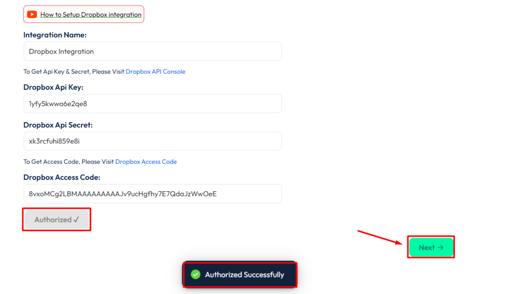 Dropbox integration with bit form - authorization is success