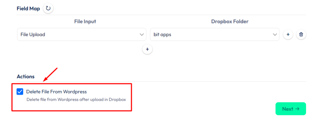 Dropbox integration with bit form - delete file from wordpress