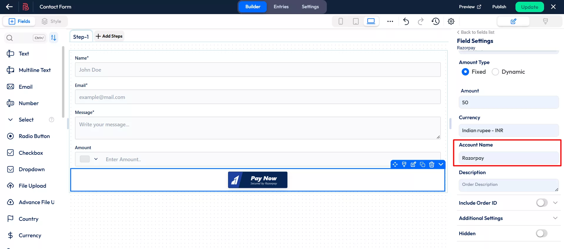 Razorpay Payment Field - Bit Form