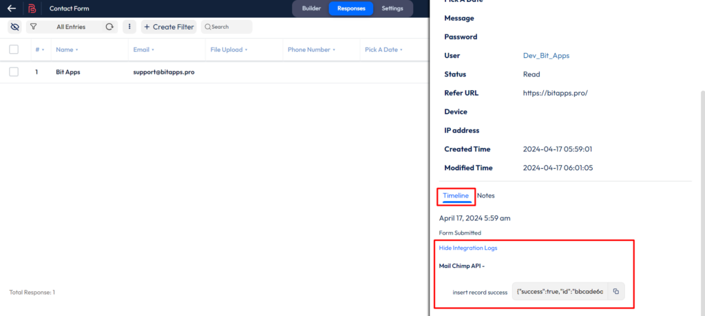 Mailchimp integration with bit form - integration log