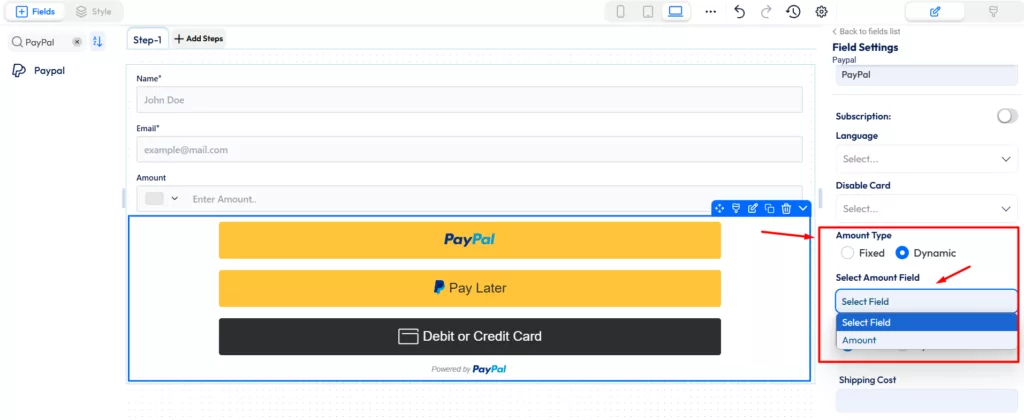 Paypal payment field - amount type - dynamic