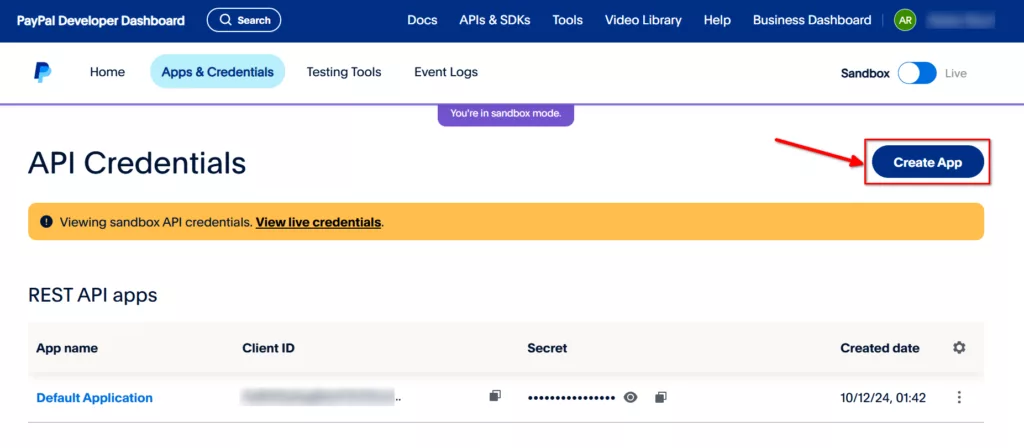 Paypal payment field - create app