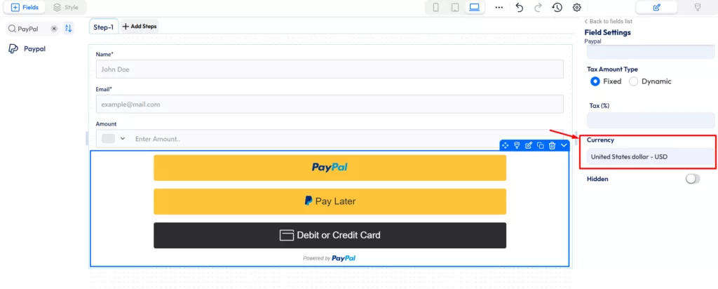 Paypal payment field - currency
