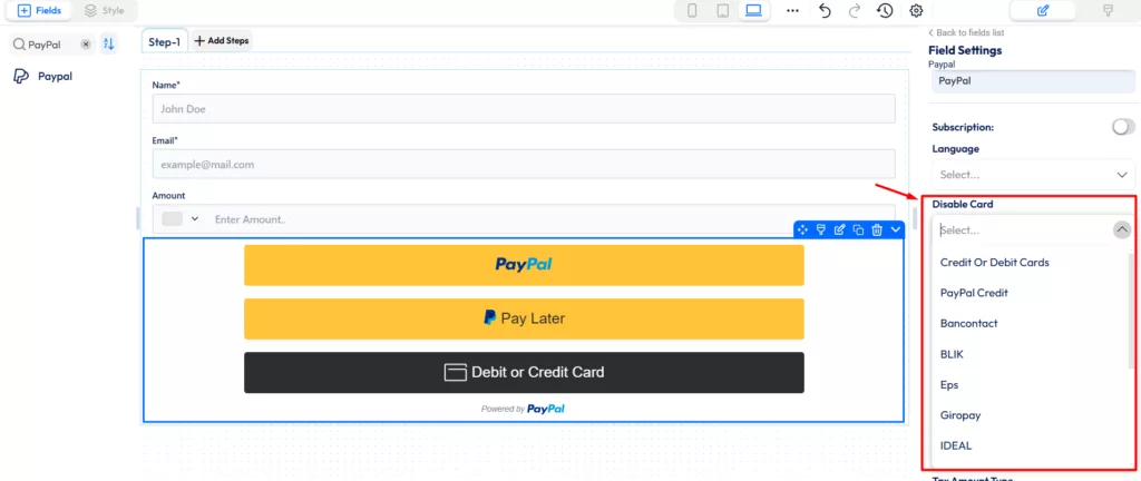 Paypal payment field - disable card