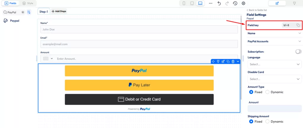 Paypal payment field - field key