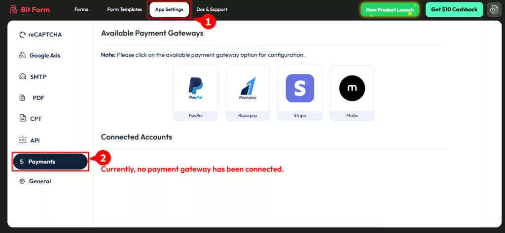Paypal payment field - go to app setting then payments