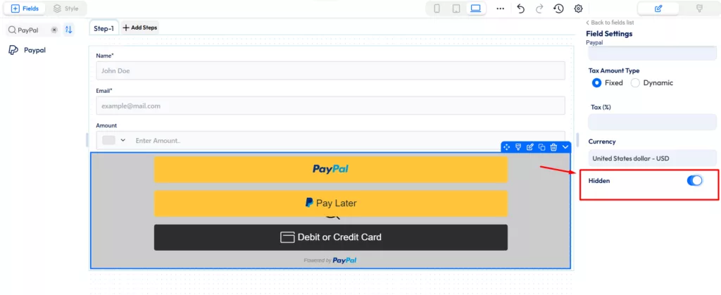 Paypal payment field - hidden