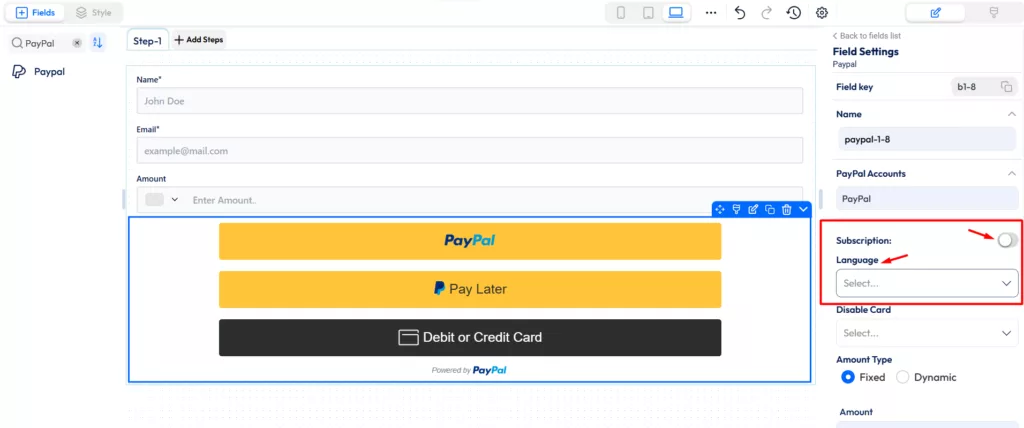 Paypal payment field - language.
