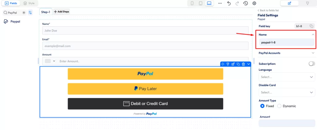 Paypal payment field - name