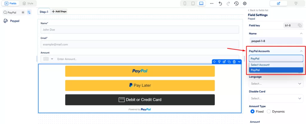 Paypal payment field - paypal accounts