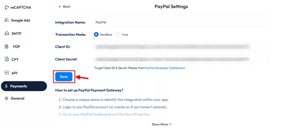Paypal payment field - save settings