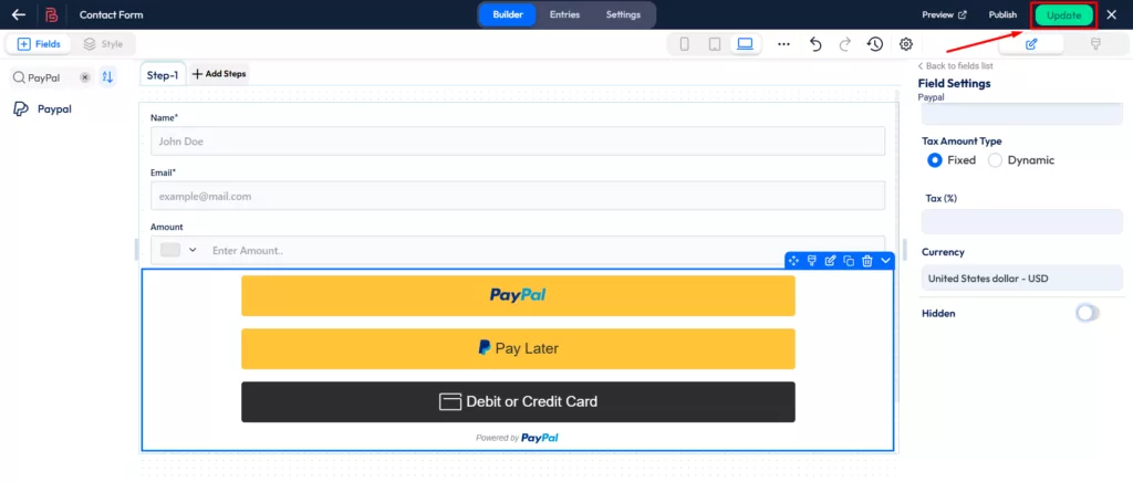 Paypal payment field - update form