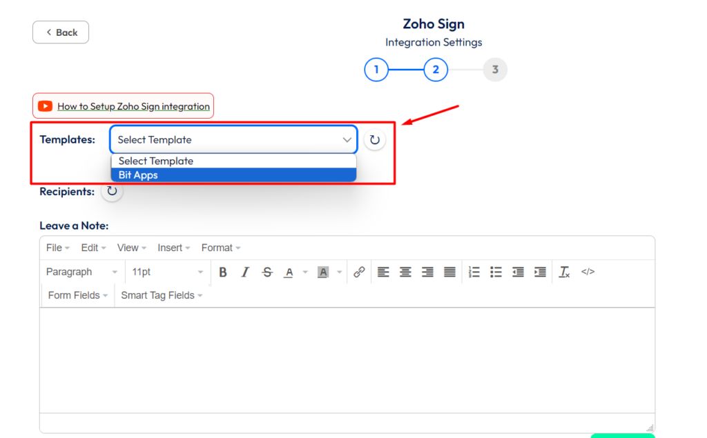 Zoho sign integration with bit form - choose templates