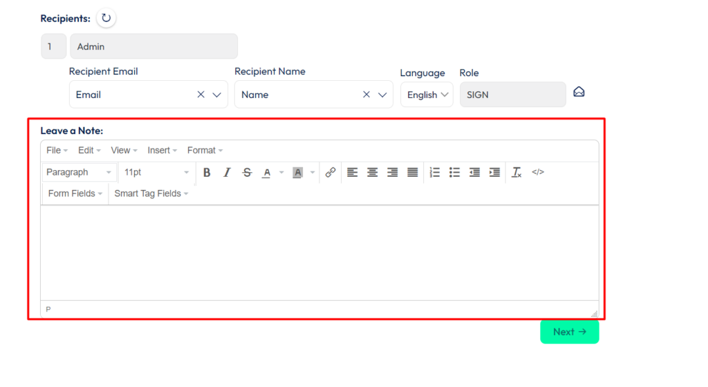 Zoho sign integration with bit form - leave a note