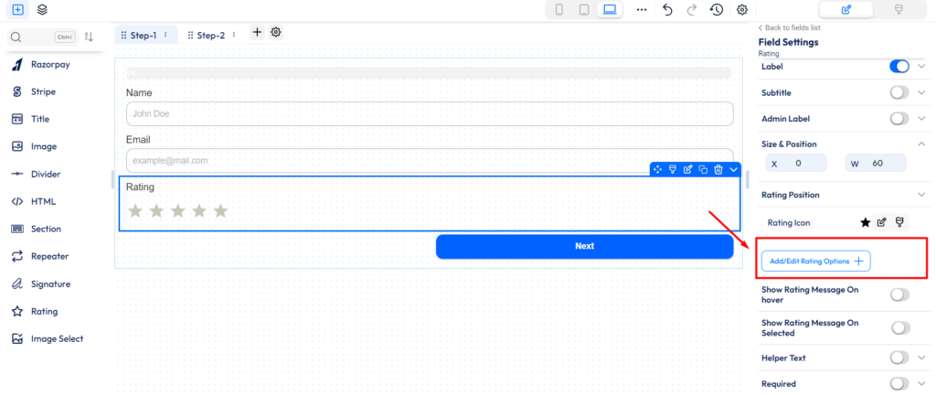 Bit form - rating field - add-edit rating options