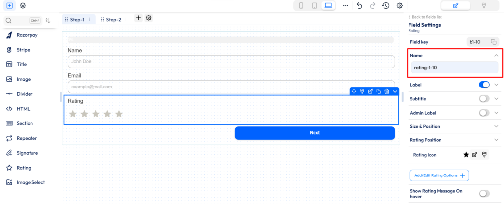 Bit form - rating field - name
