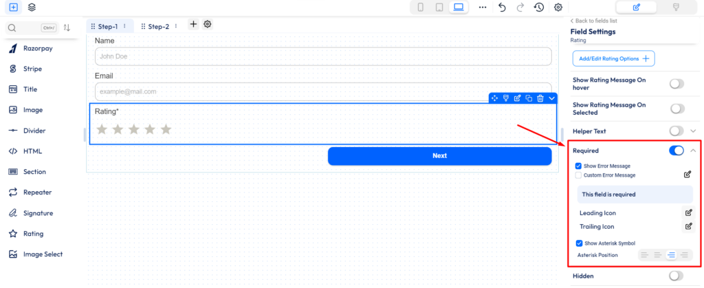 Bit form - rating field - required