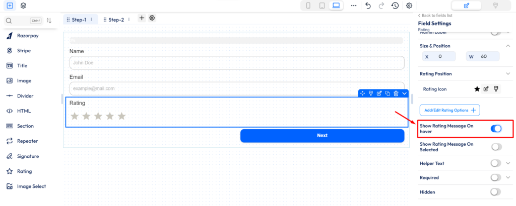 Bit form - rating field - show rating message on hover