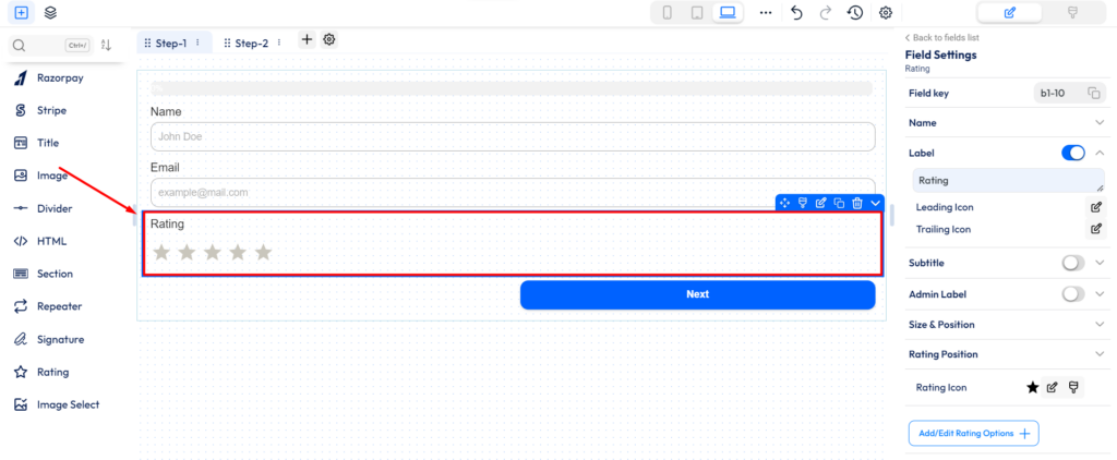Bit form - rating field - add to form