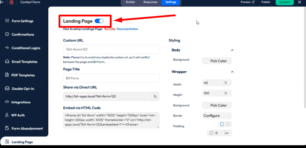 Enable the form landing page mode