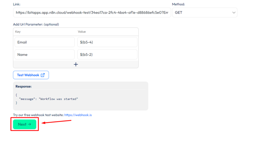 N8n integration with bit form -  click on next