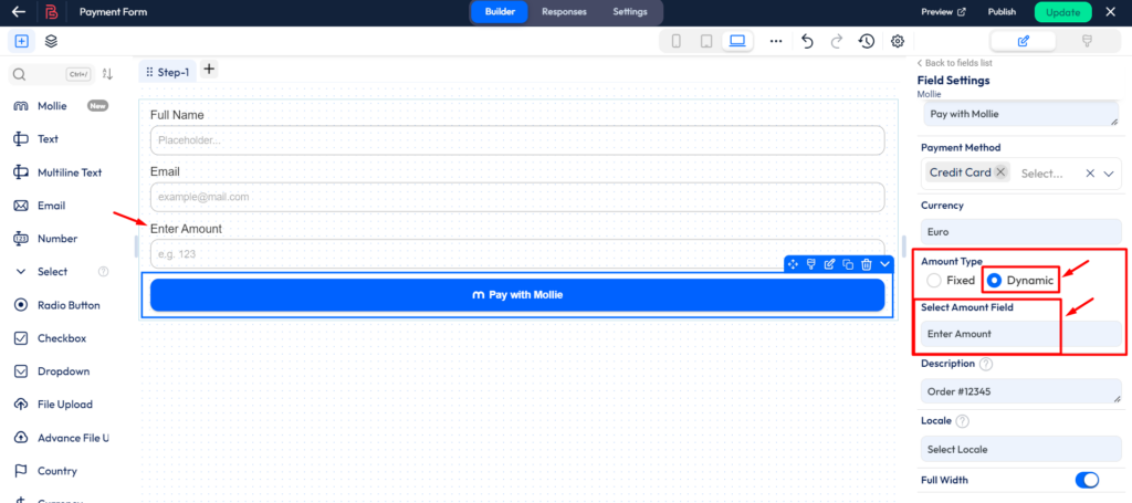 Setup mollie payment integration - amount type - dynamic