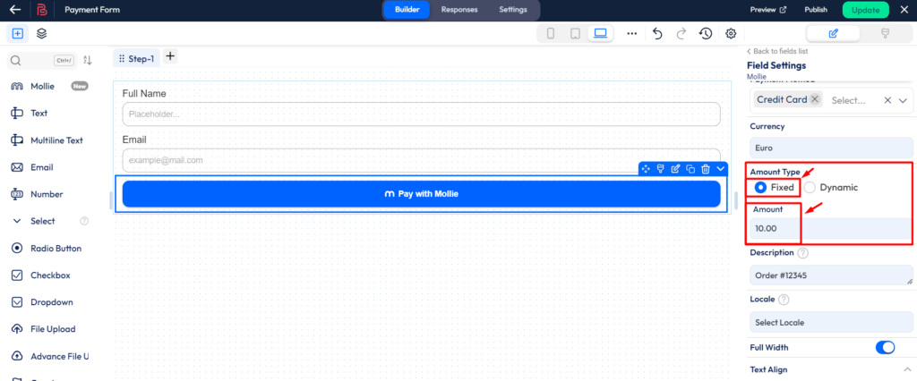 Setup mollie payment integration - amount type - fixed