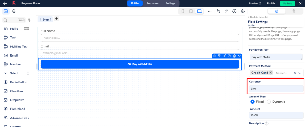 Setup mollie payment integration - choose currency