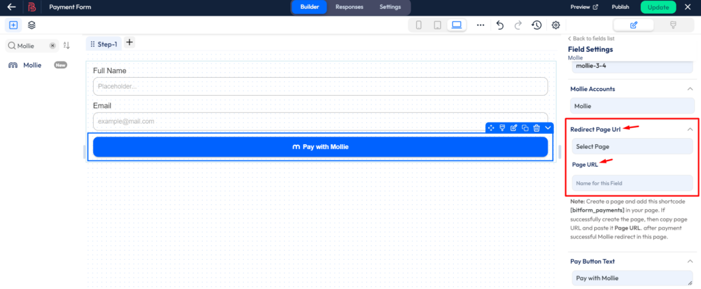 Setup mollie payment integration - choose a redirect page or page url