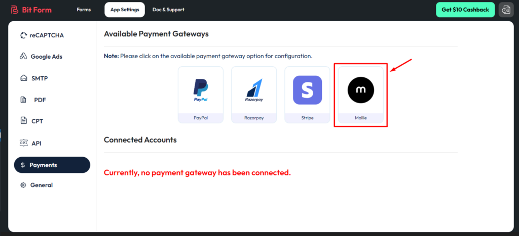 Setup mollie payment integration - click on mollie