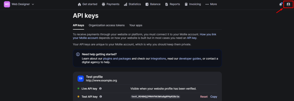 Setup mollie payment integration - click on the profile icon