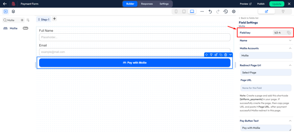 Setup mollie payment integration - field key