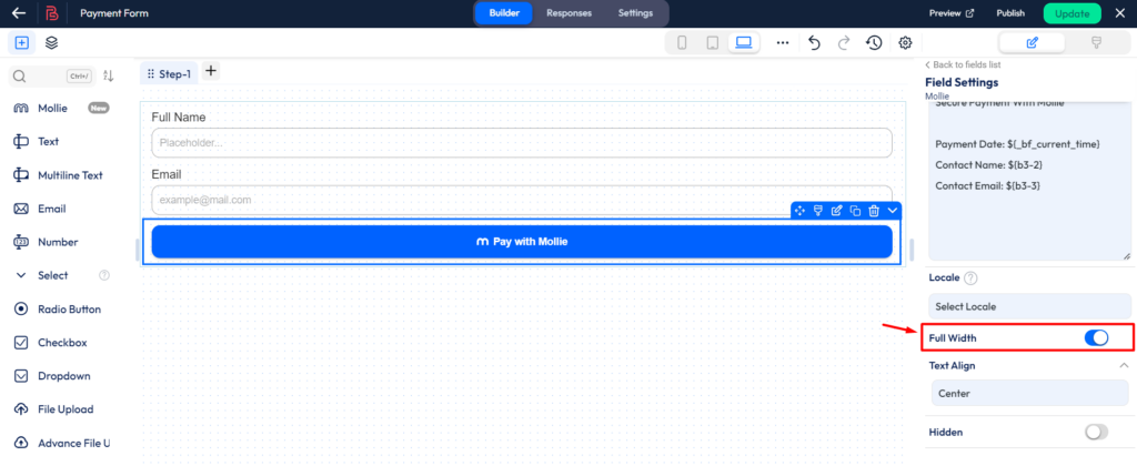 Setup mollie payment integration - full width
