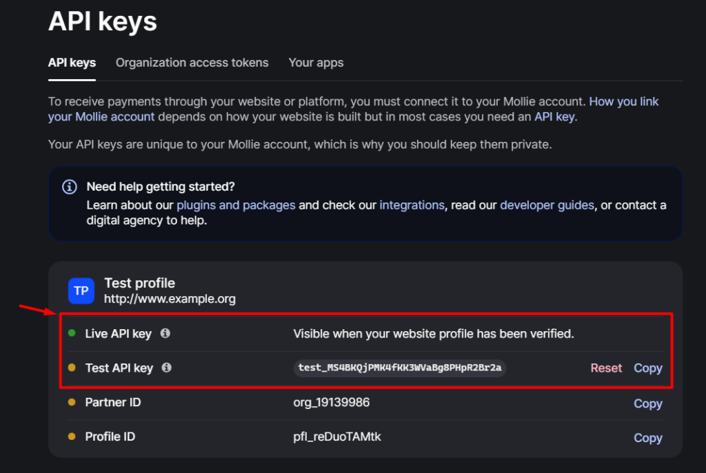 Setup mollie payment integration - get mollie api key
