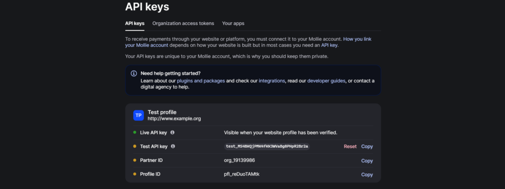 Setup mollie payment integration - one click api key
