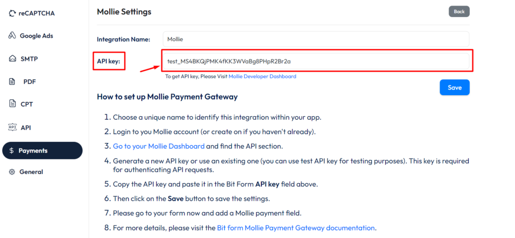Setup mollie payment integration - paste api key