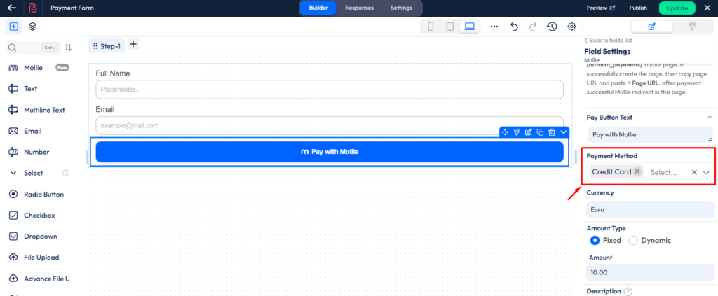 Setup mollie payment integration - payment method