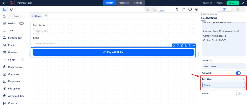 Setup mollie payment integration - text align