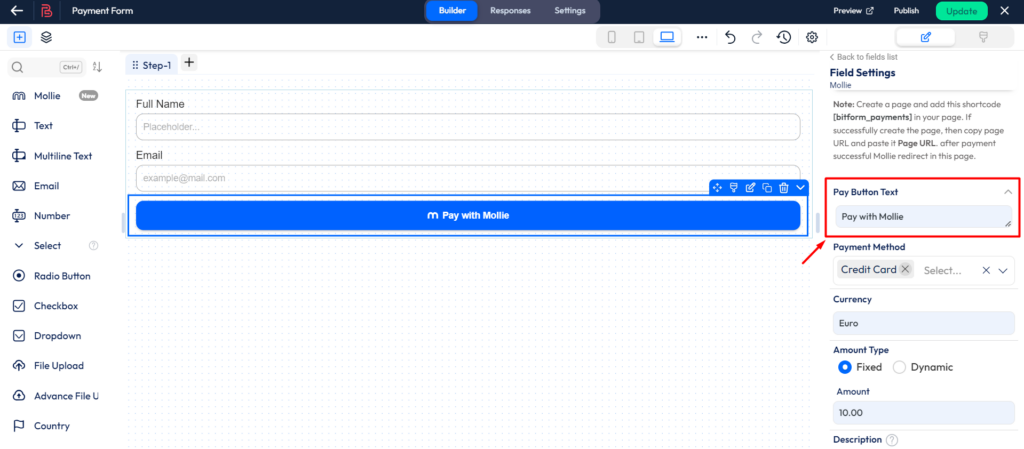 You can customize your button text. - pay with mollie