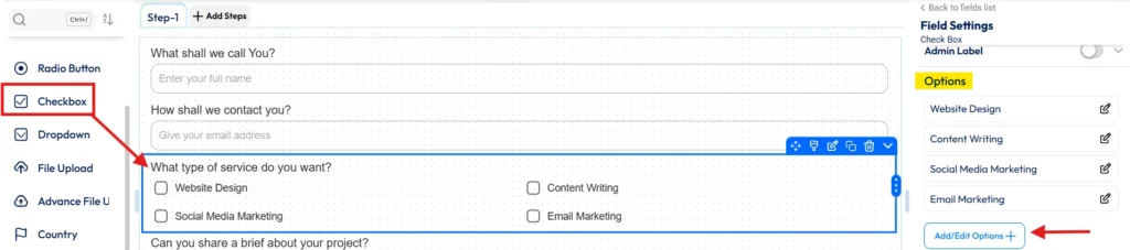 Feld für Kontrollkästchen hinzufügen