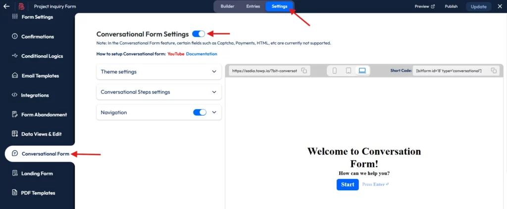 Einstellungen für konversationelle Formulare konfigurieren