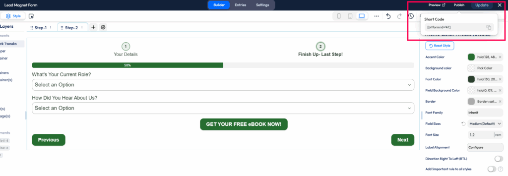 Aktualisieren und Veröffentlichen des Wordpress-Formulars