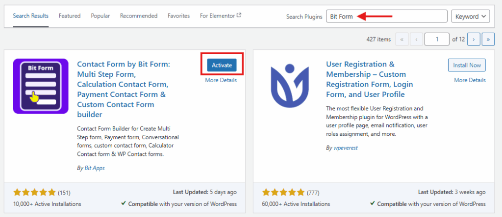 Installieren und Aktivieren von Bit Form