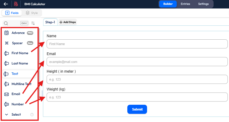 Wichtige Felder für die BMI-Berechnung hinzufügen