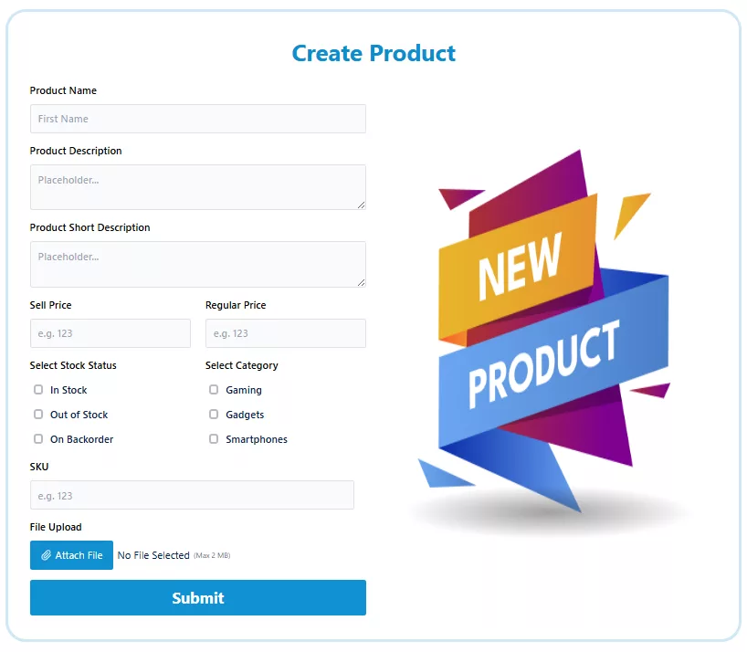 Product submission form created in Bit Form with SKU and product name fields