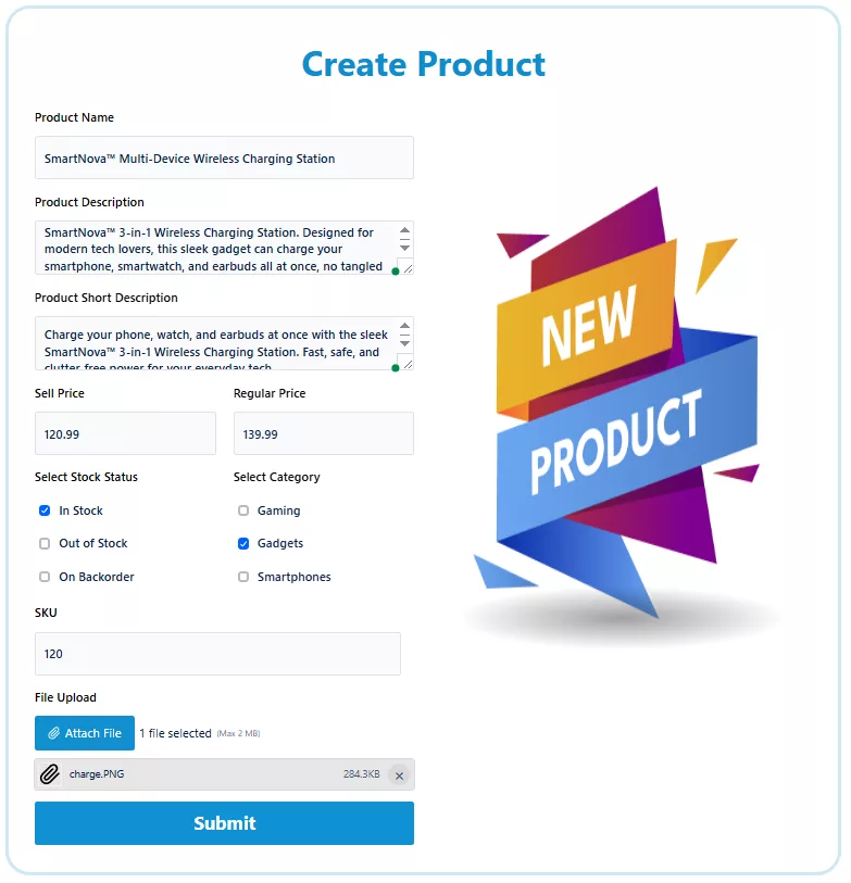 Product submission form filled with name, price, SKU, and description