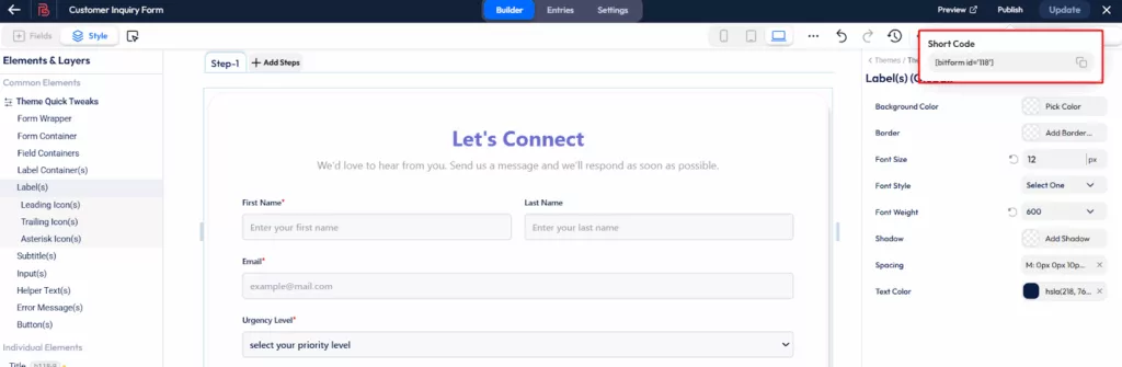 form's shortcode zum Kopieren und Einfügen Ihres Kundenanfrageformulars in eine beliebige Seite