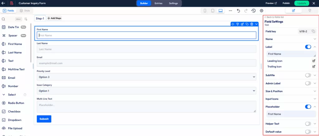 Feldeinstellungen ändern