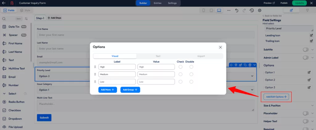 Optionen für Auswahlfeld hinzufügen