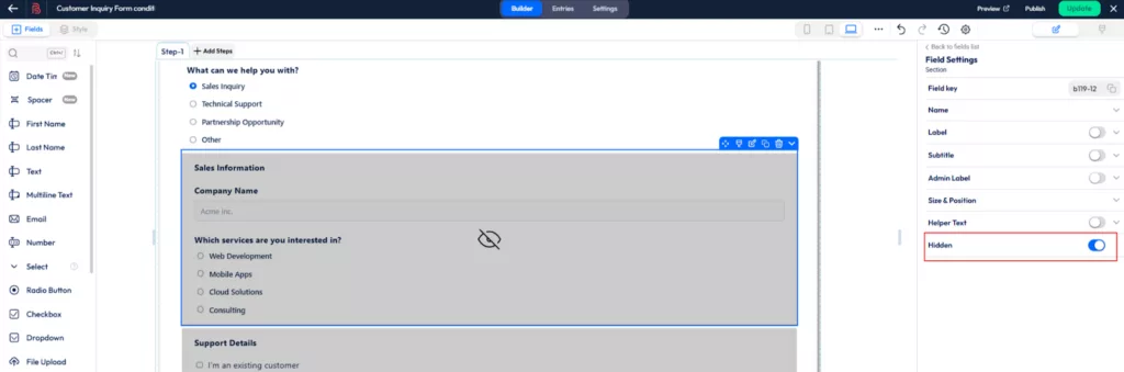 Hide all the categorized fields to add hide/show conditional logic in WordPress form